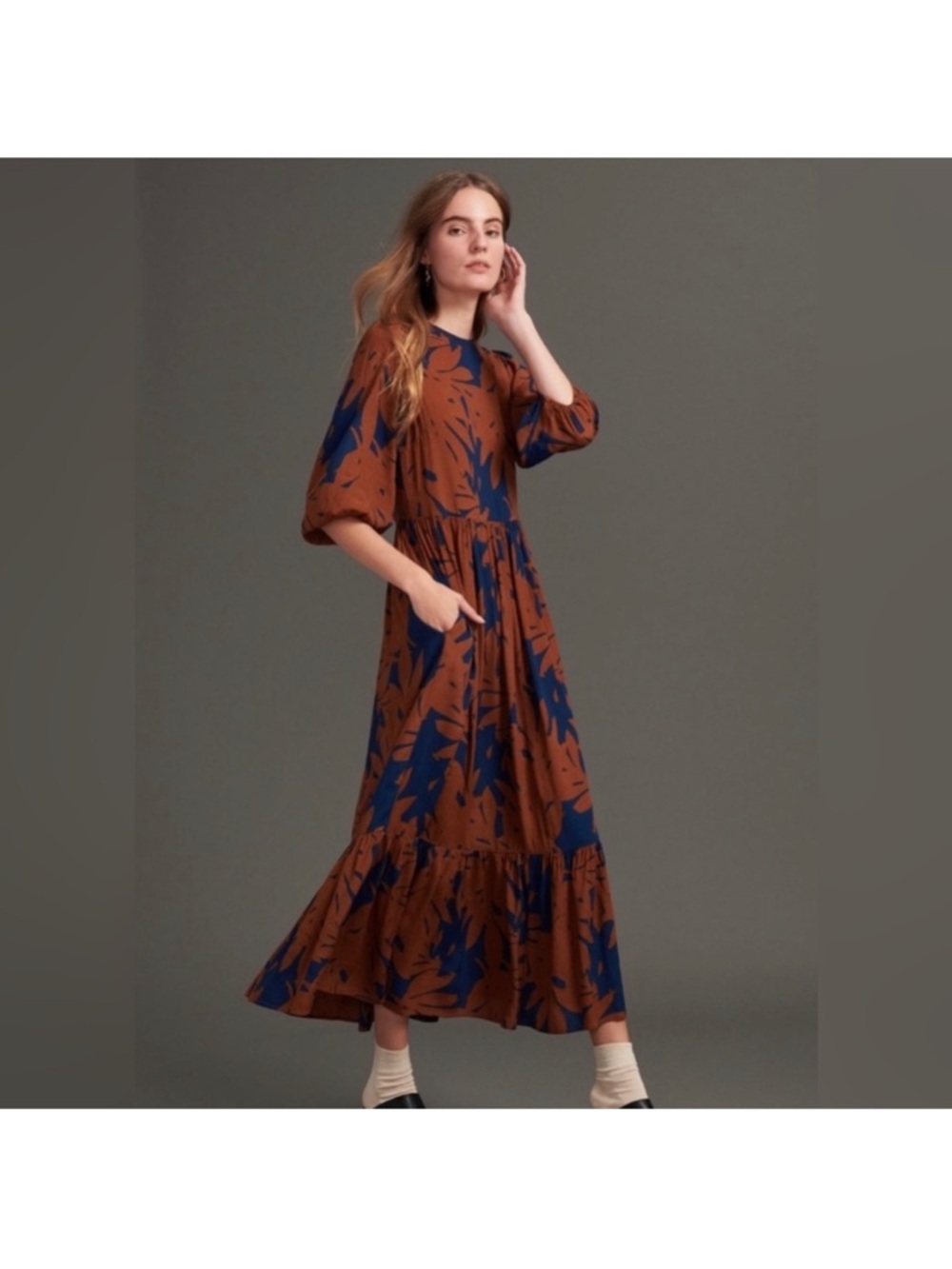 Anthropologie Porridge Orange and Blue floral maxi dress